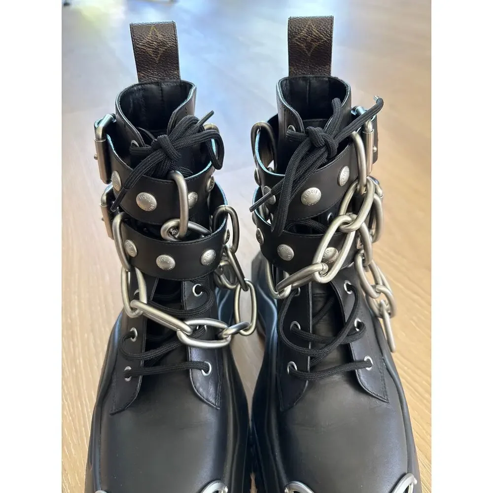 Louis Vuitton Leather Studded Accents Combat Boots w Chains Size 37 Black Silver